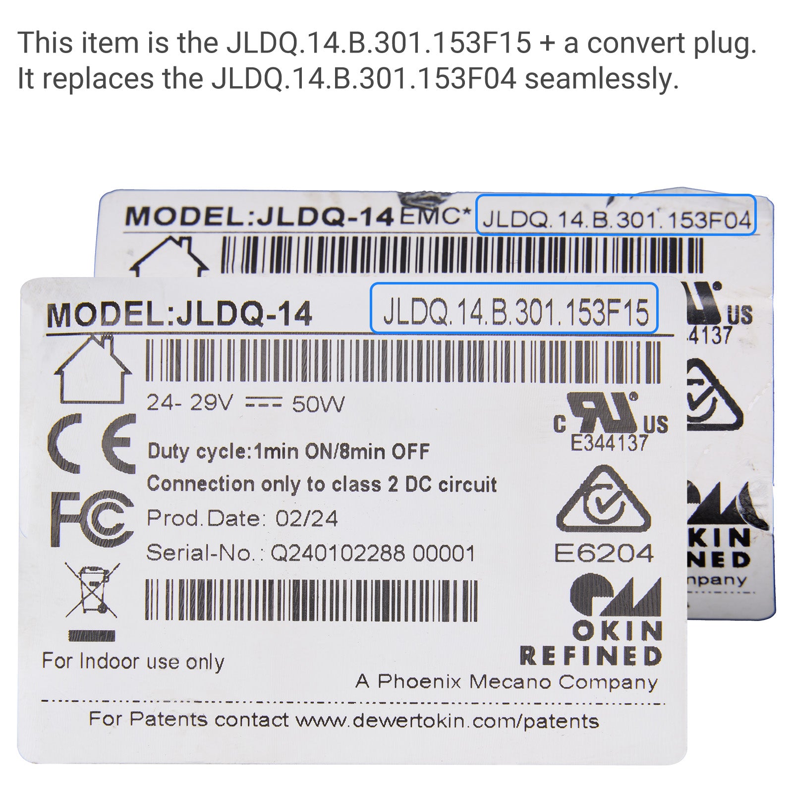 Two labels for a product with technical specifications and branding on a white background