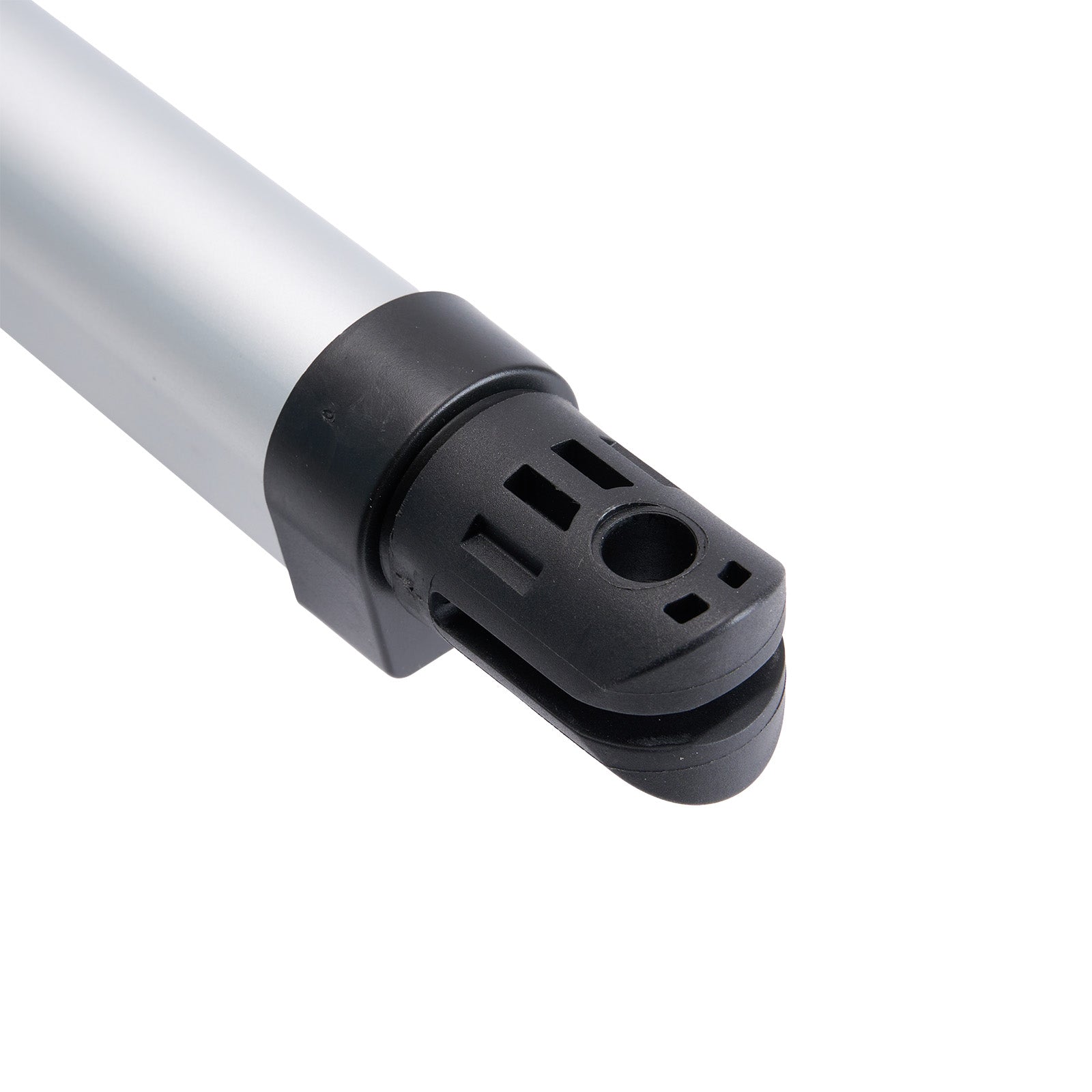 Close-up of a metallic and black cylindrical object on a white background