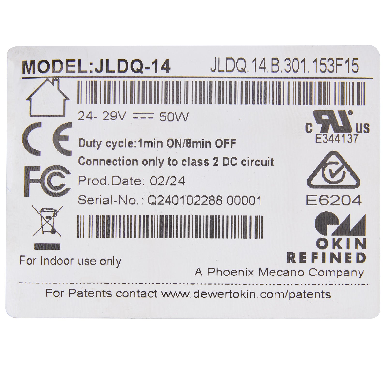 Label with technical specifications and branding on a white background