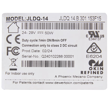 Label with technical specifications and branding on a white background