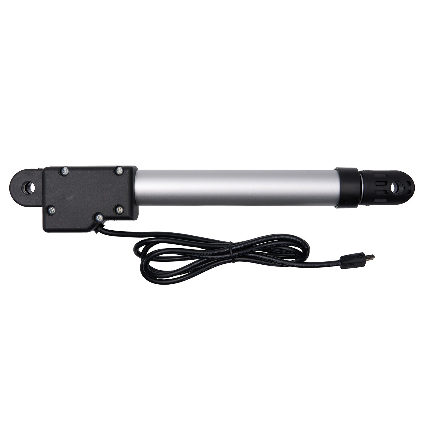 Linear actuator with black housing and cable on a white background