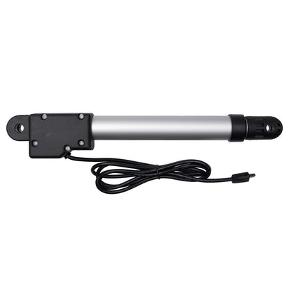Linear actuator with black housing and cable on a white background
