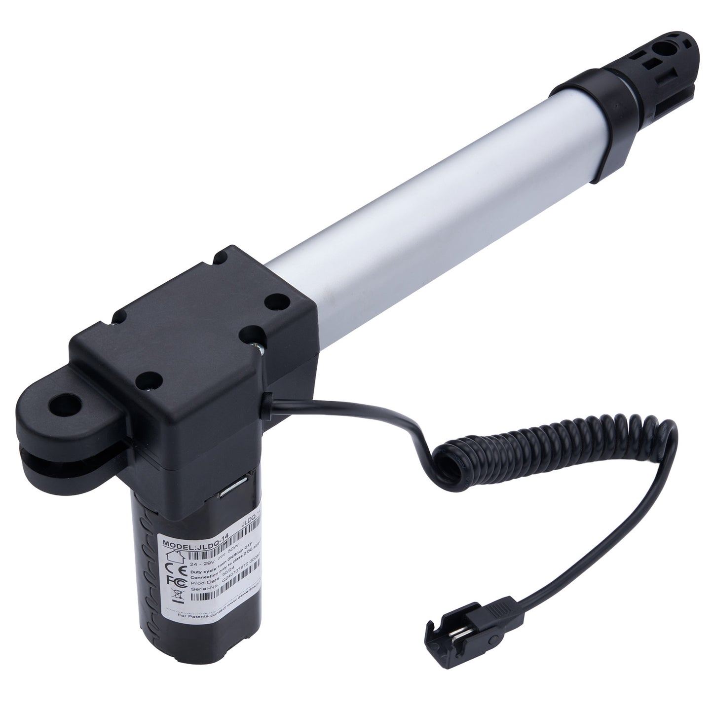 Electric actuator with a white cylindrical rod and black housing on a white background
