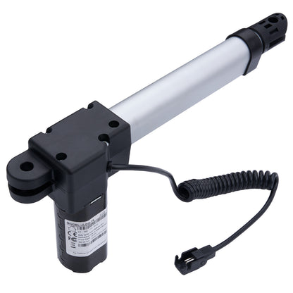 Electric actuator with a white cylindrical rod and black housing on a white background