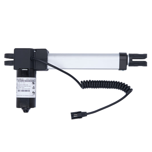Linear actuator with black casing and coiled cable on a white background