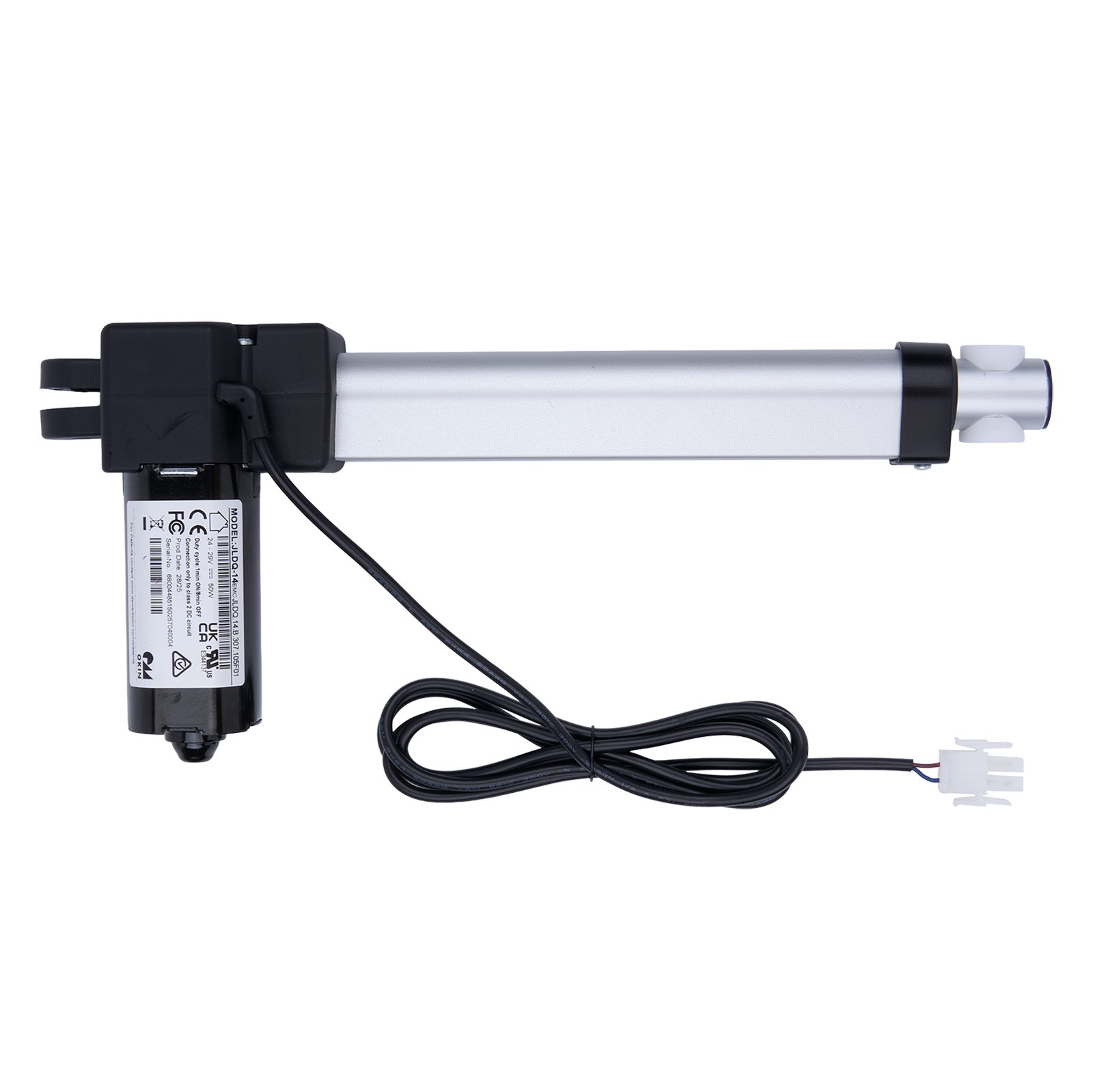 Linear actuator with power cable on a white background