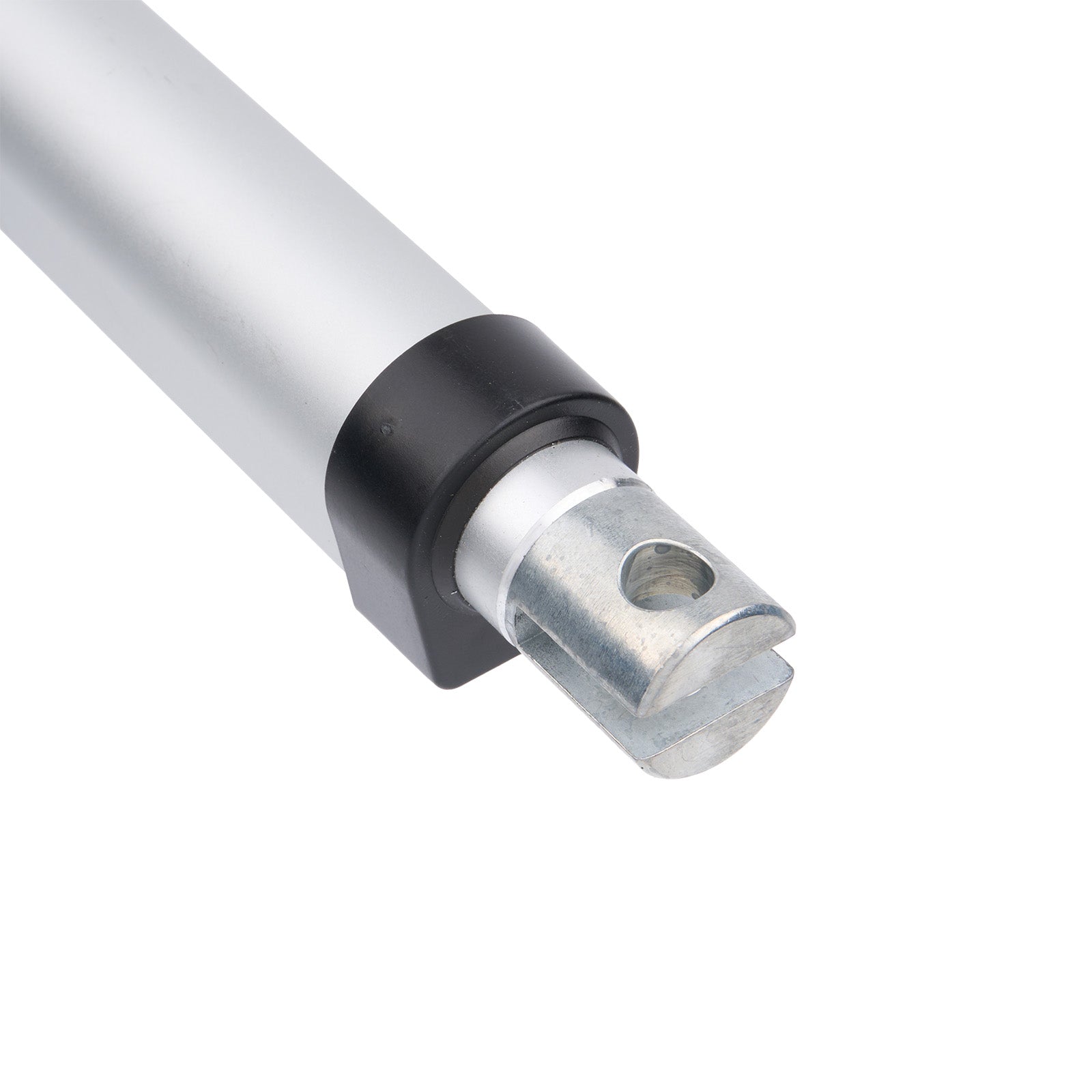 Metallic cylindrical component with black and silver finish on a white background