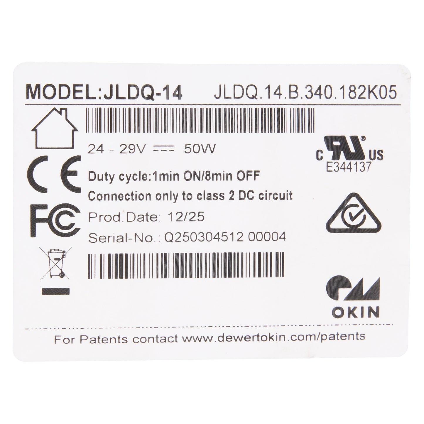 Product label with technical specifications and branding on a white background