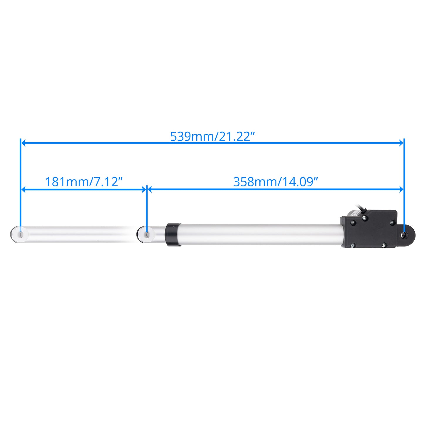 A dimension diagram of a linear actuator or slider component on a white background, showing measurements of 539mm total, 181mm left section, and 358mm right section with blue measurement lines and text.