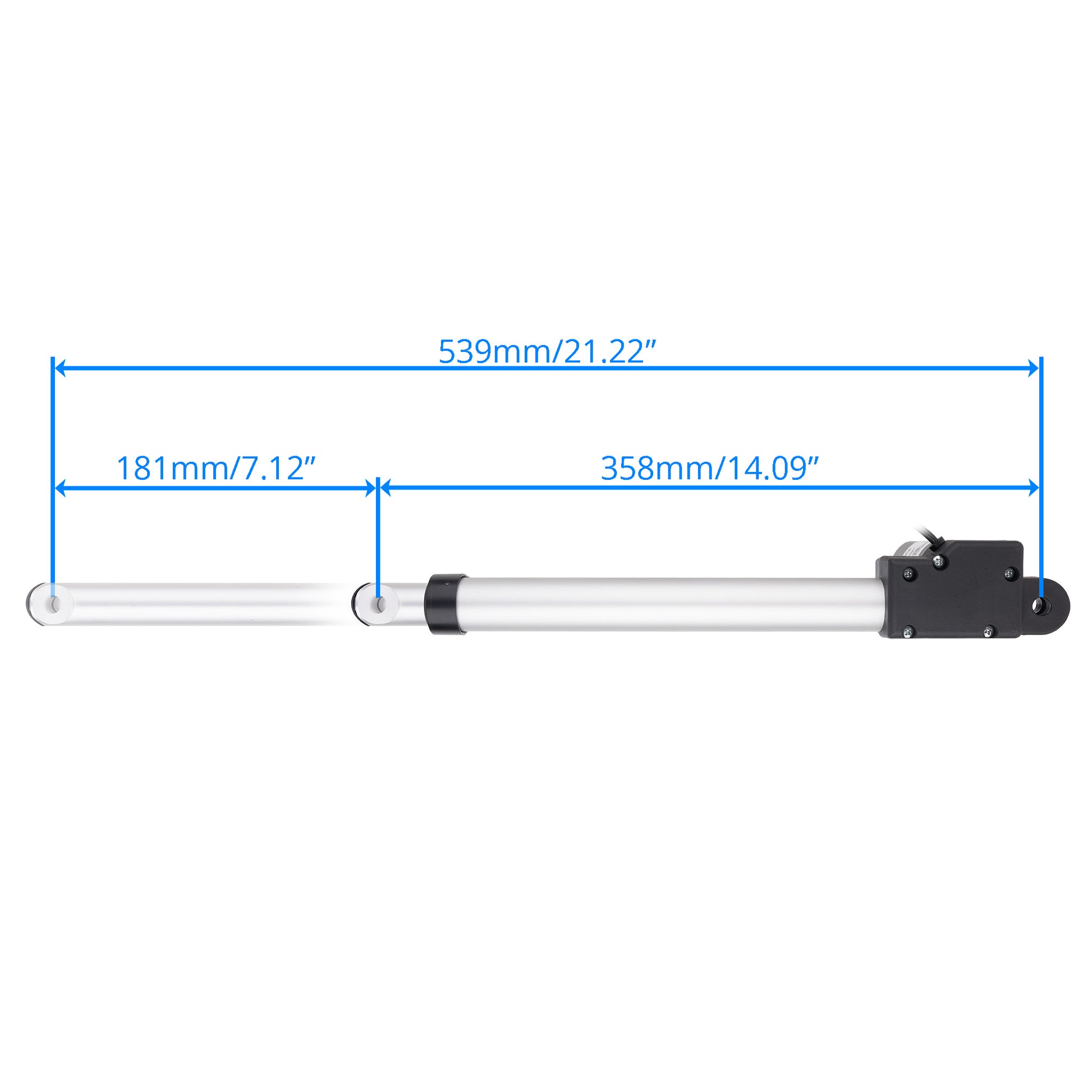 A dimension diagram of a linear actuator or slider component on a white background, showing measurements of 539mm total, 181mm left section, and 358mm right section with blue measurement lines and text.