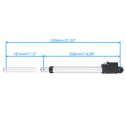 A dimension diagram of a linear actuator or slider component on a white background, showing measurements of 539mm total, 181mm left section, and 358mm right section with blue measurement lines and text.