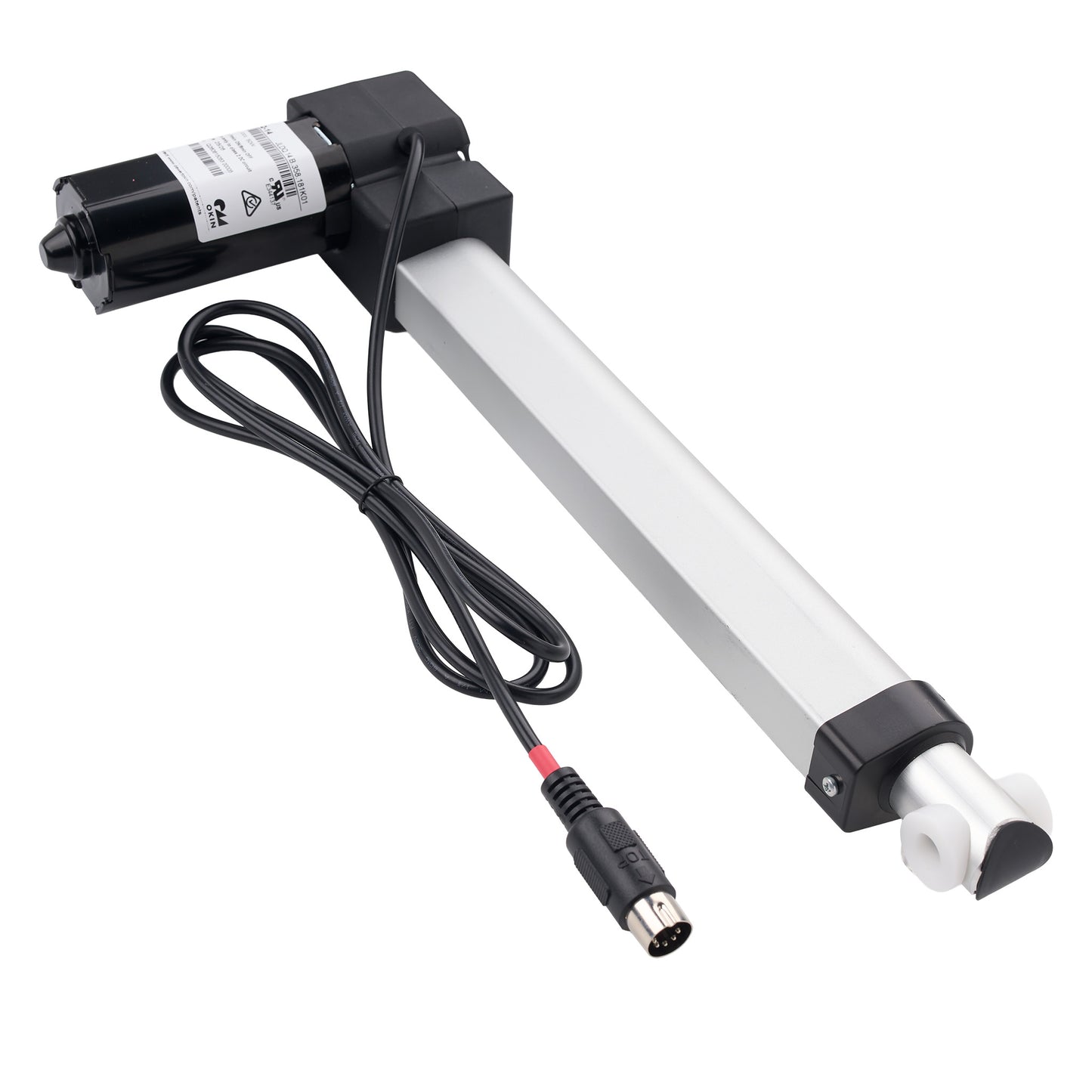 An electric linear motor slide with a long silver aluminum rod, black end brackets, a black motor housing, and a black power cable with a connector, shown on a white background.