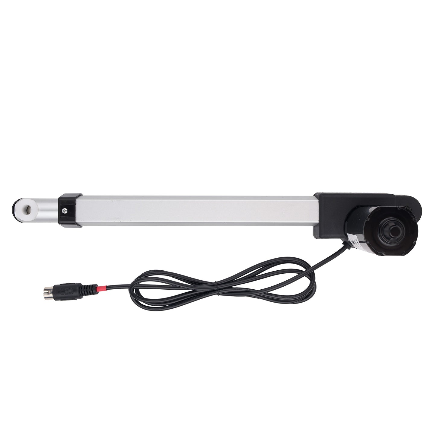 An industrial linear motor slide with an integrated camera module on the end, complete with a black power cable and connector, shown against a plain white background.