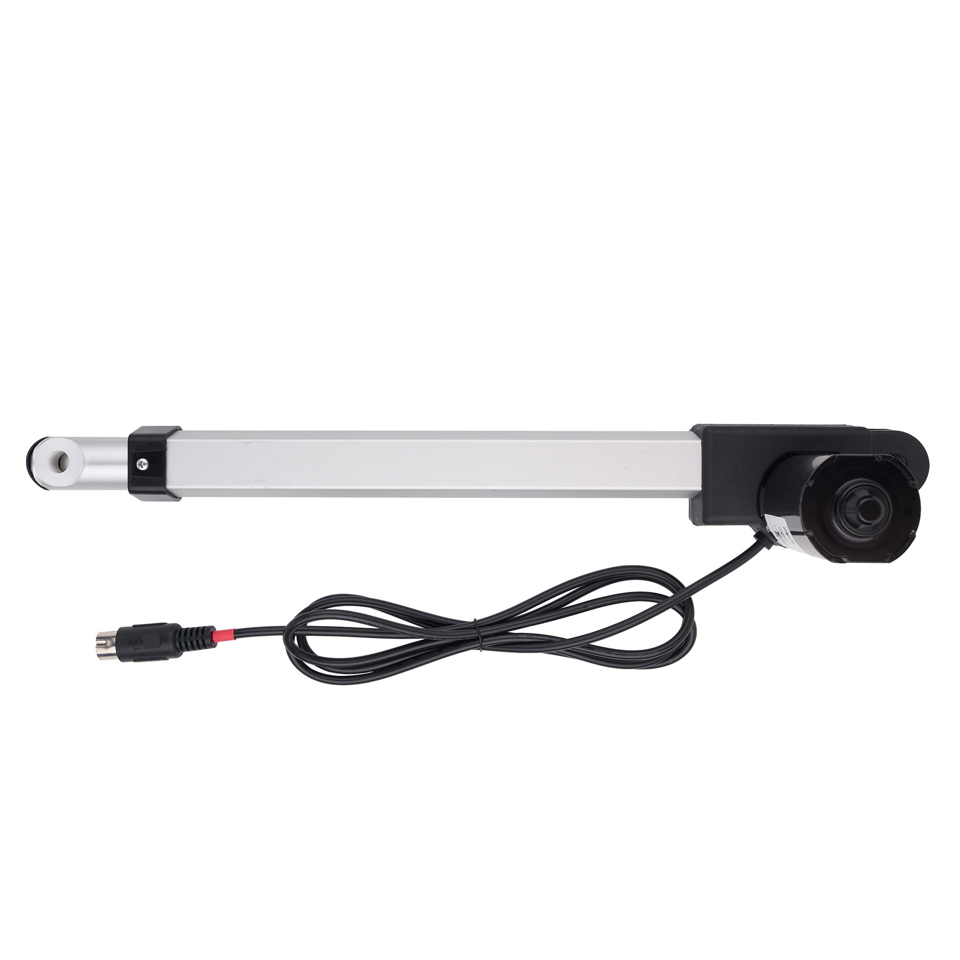 An industrial linear motor slide with an integrated camera module on the end, complete with a black power cable and connector, shown against a plain white background.