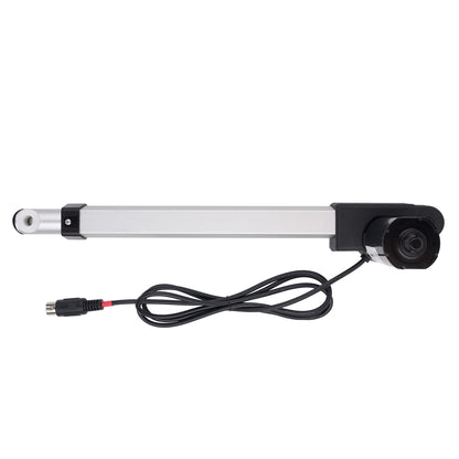 An industrial linear motor slide with an integrated camera module on the end, complete with a black power cable and connector, shown against a plain white background.