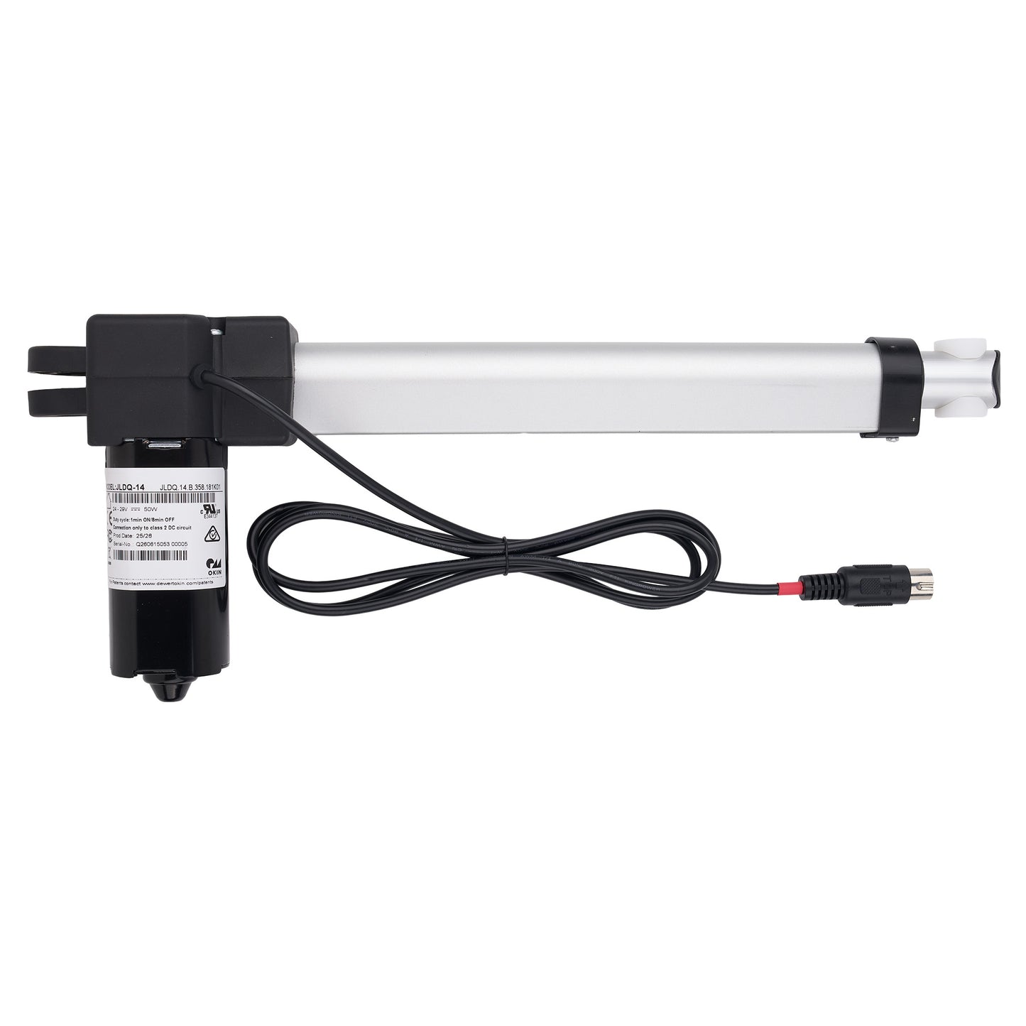 A linear electric actuator motor with a long silver cylindrical rod, black end caps, a black motor housing with a white label, and a coiled black power cable with a connector, shown on a plain white background.