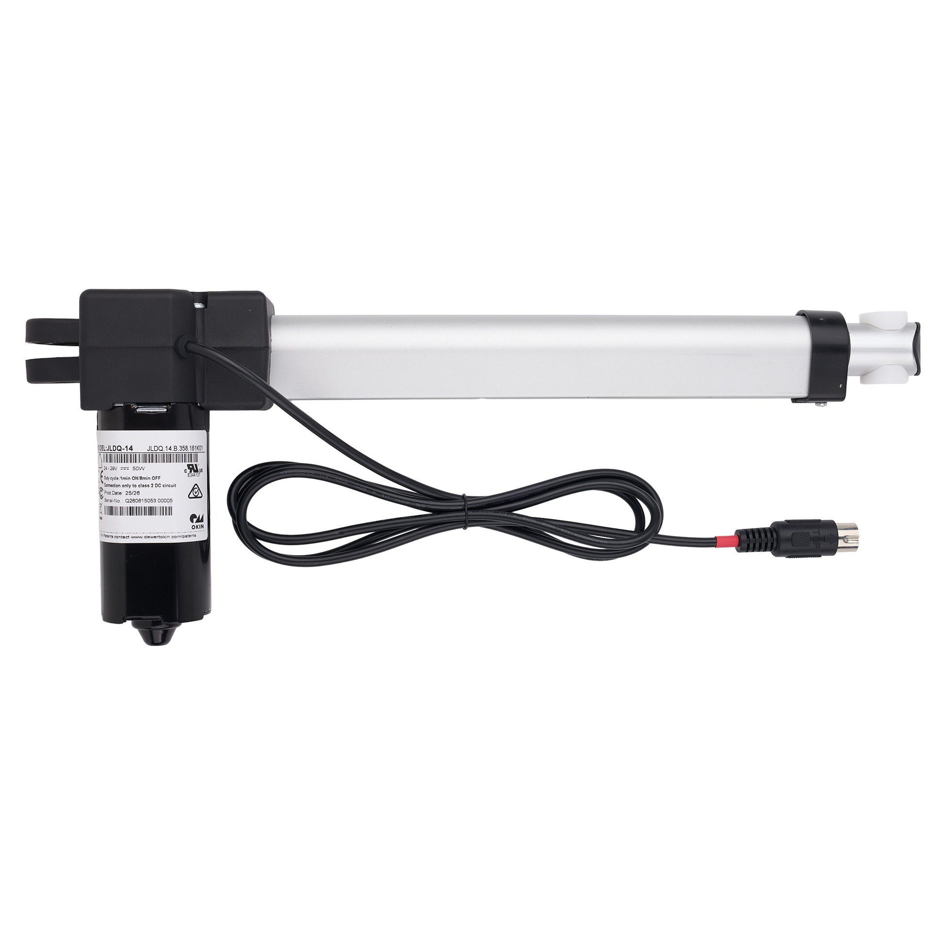 A linear electric actuator motor with a long silver cylindrical rod, black end caps, a black motor housing with a white label, and a coiled black power cable with a connector, shown on a plain white background.