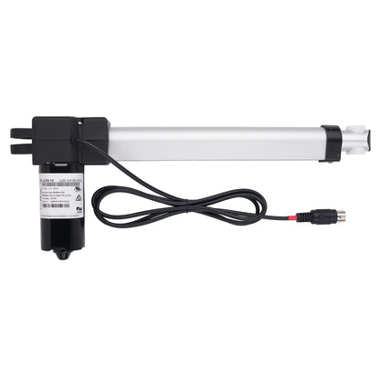 A linear electric actuator motor with a long silver cylindrical rod, black end caps, a black motor housing with a white label, and a coiled black power cable with a connector, shown on a plain white background.