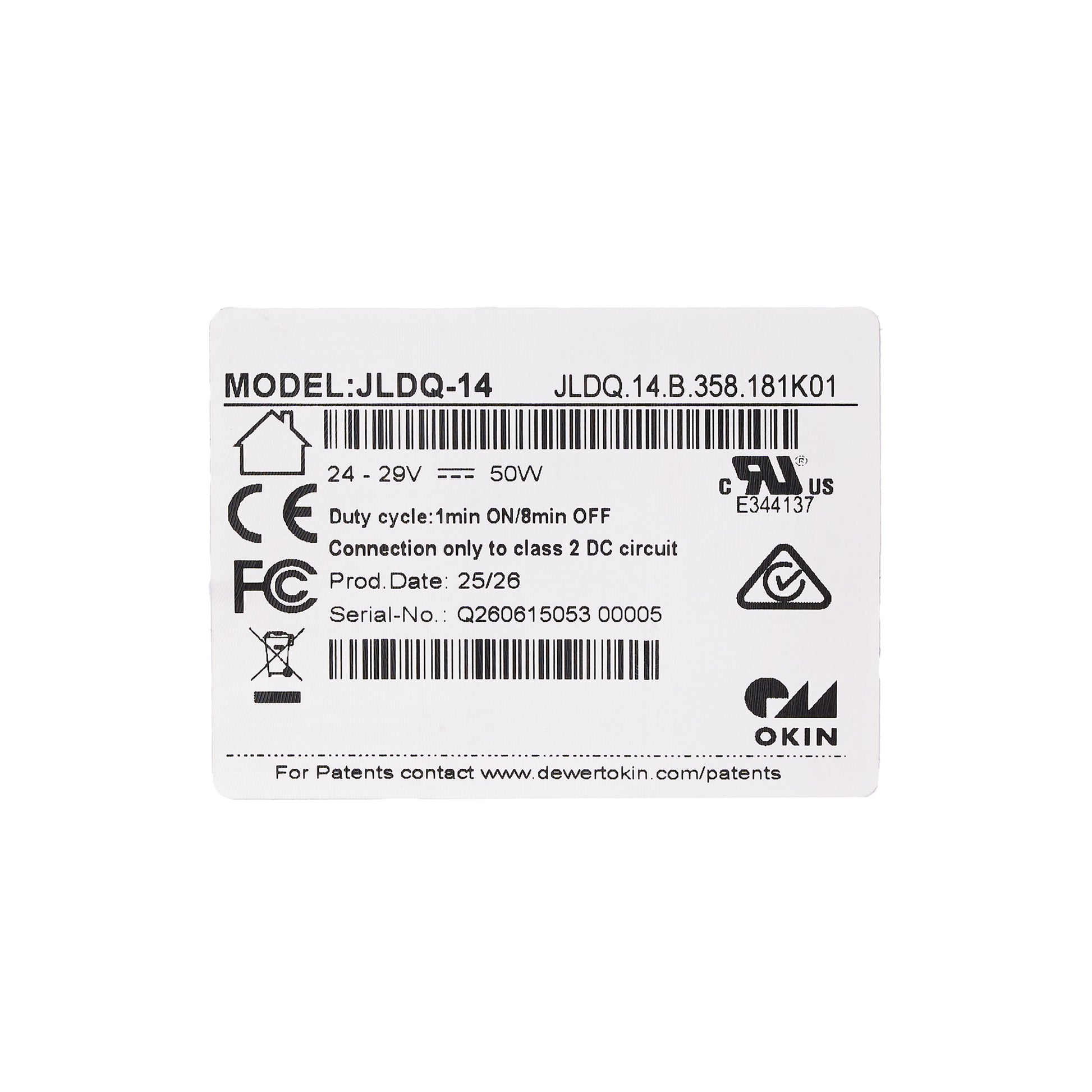 A white rectangular product label with black printed text and regulatory symbols, including model JLDQ-14, power rating 50W, and the OKIN brand logo.