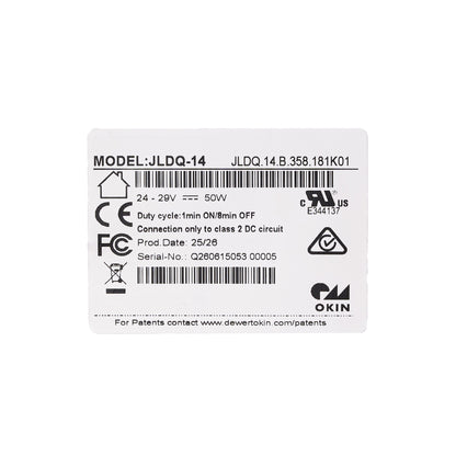 A white rectangular product label with black printed text and regulatory symbols, including model JLDQ-14, power rating 50W, and the OKIN brand logo.