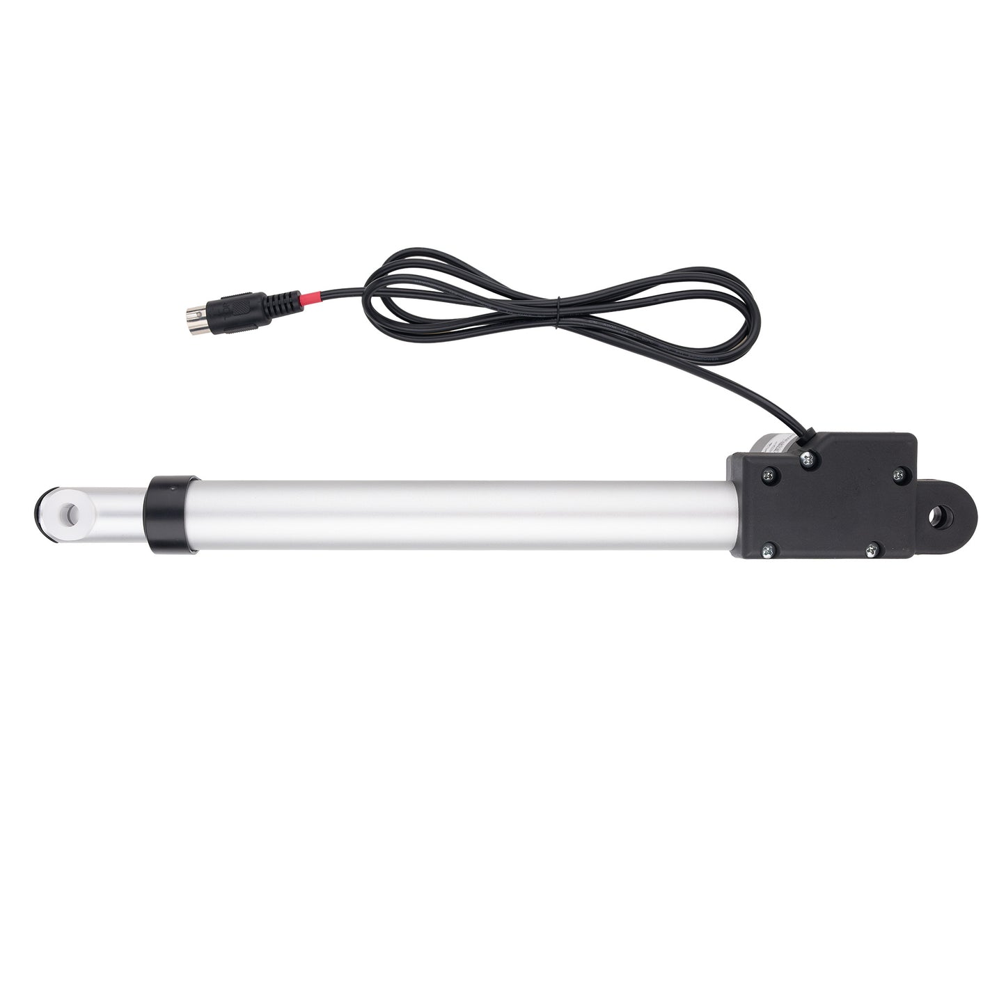An electric linear motor slide with a silver aluminum rod, black end caps, and a black mounting bracket, complete with a black power cable and connector on a white background.