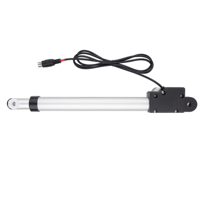An electric linear motor slide with a silver aluminum rod, black end caps, and a black mounting bracket, complete with a black power cable and connector on a white background.