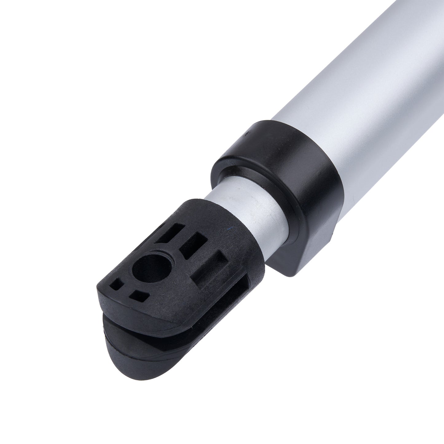 Close-up of a black and silver cylindrical object on a white background