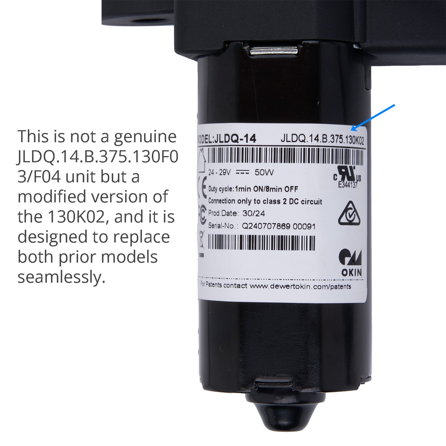 Black mechanical component with a label on a white background