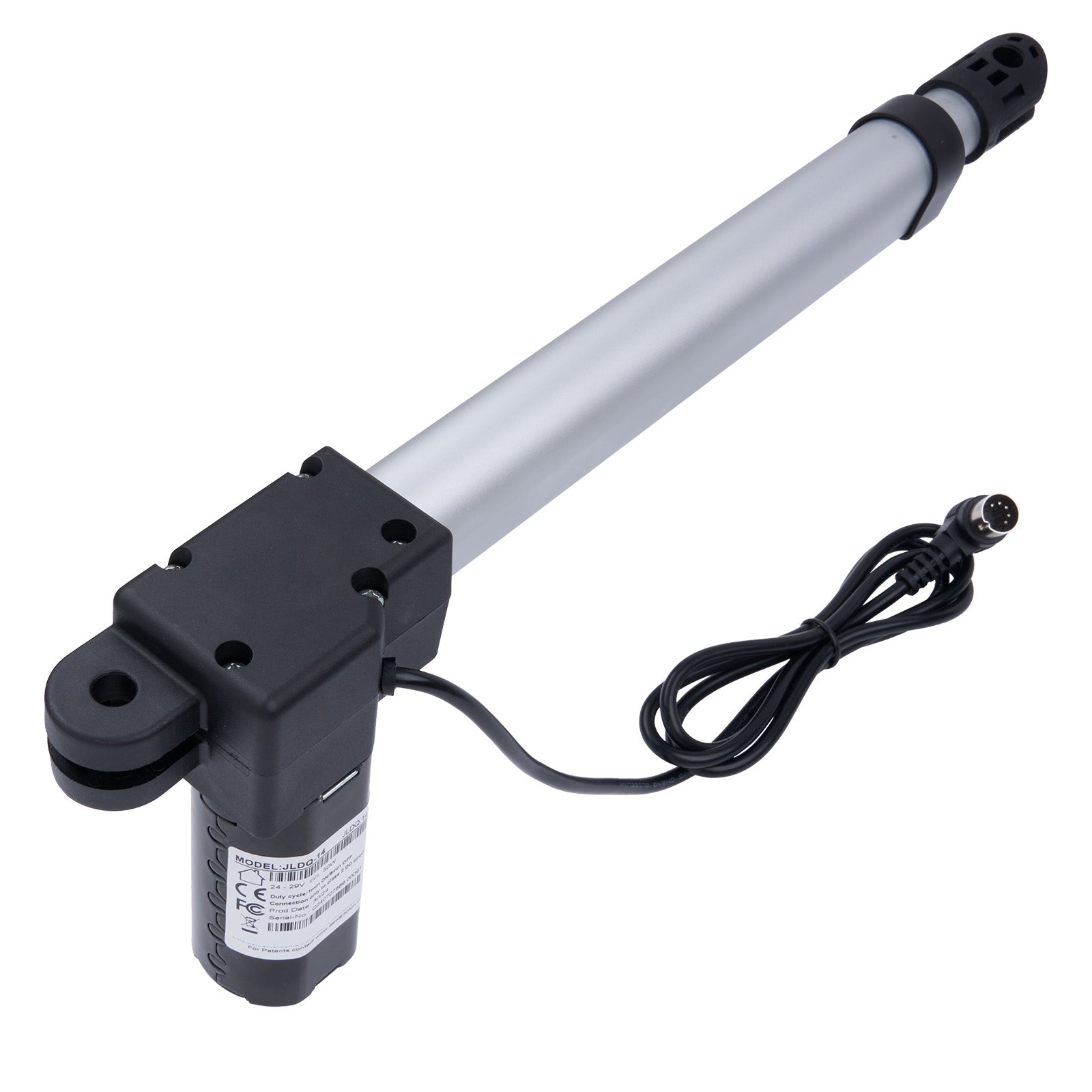 Linear actuator with black housing and cable on a white background