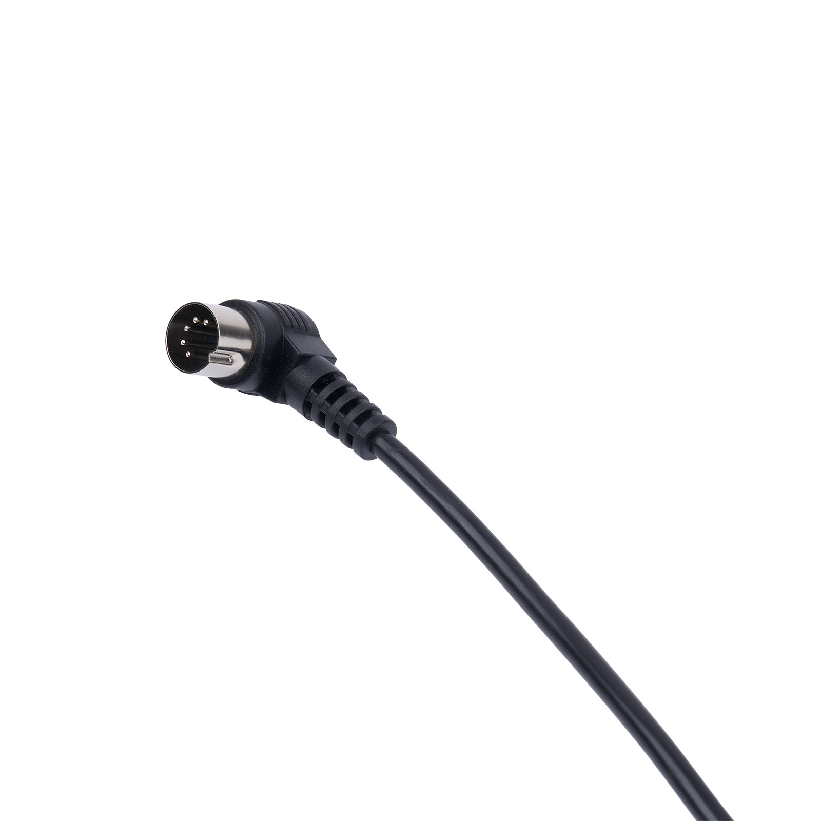 Black cable with a connector on a white background