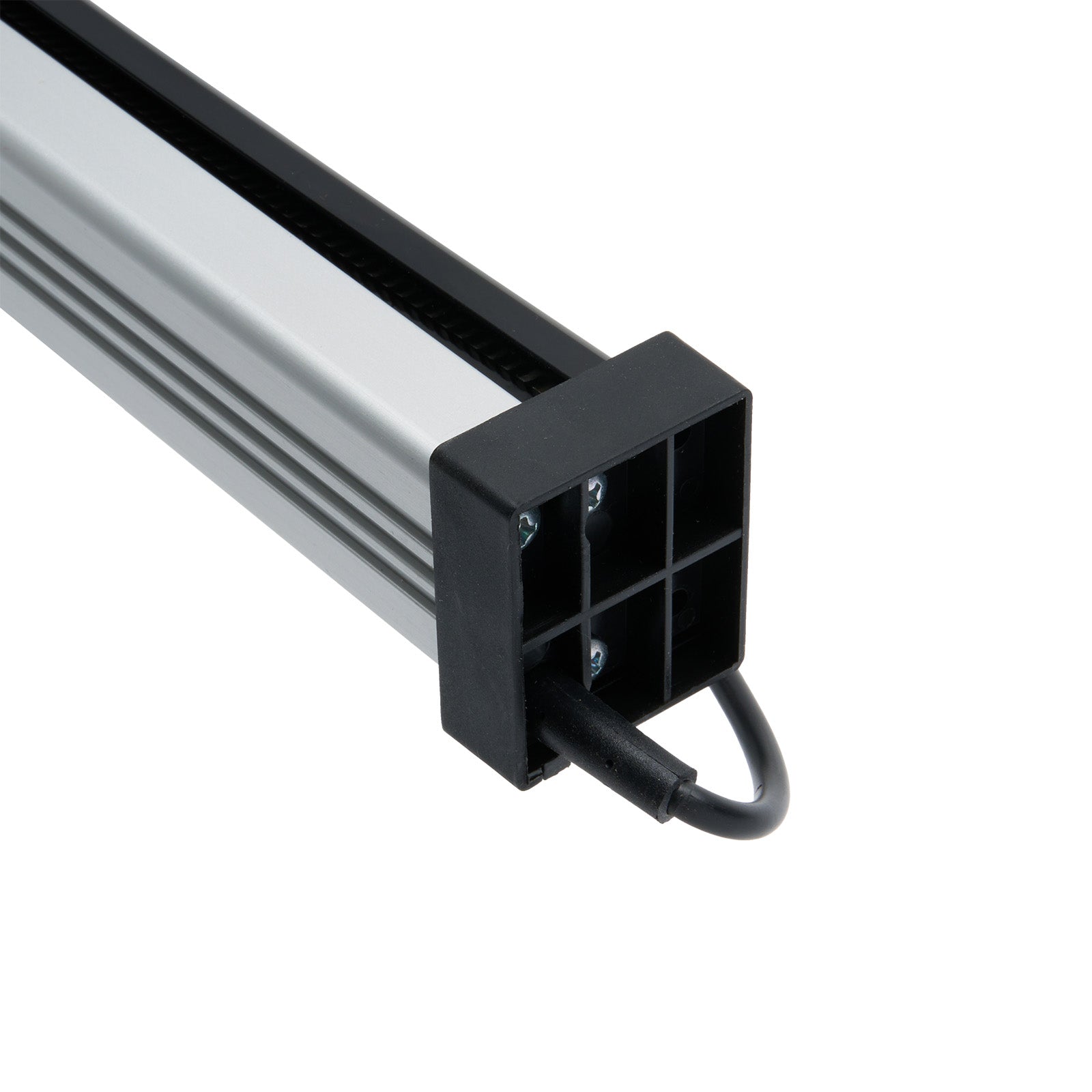 Metal rod with black connector on a white background