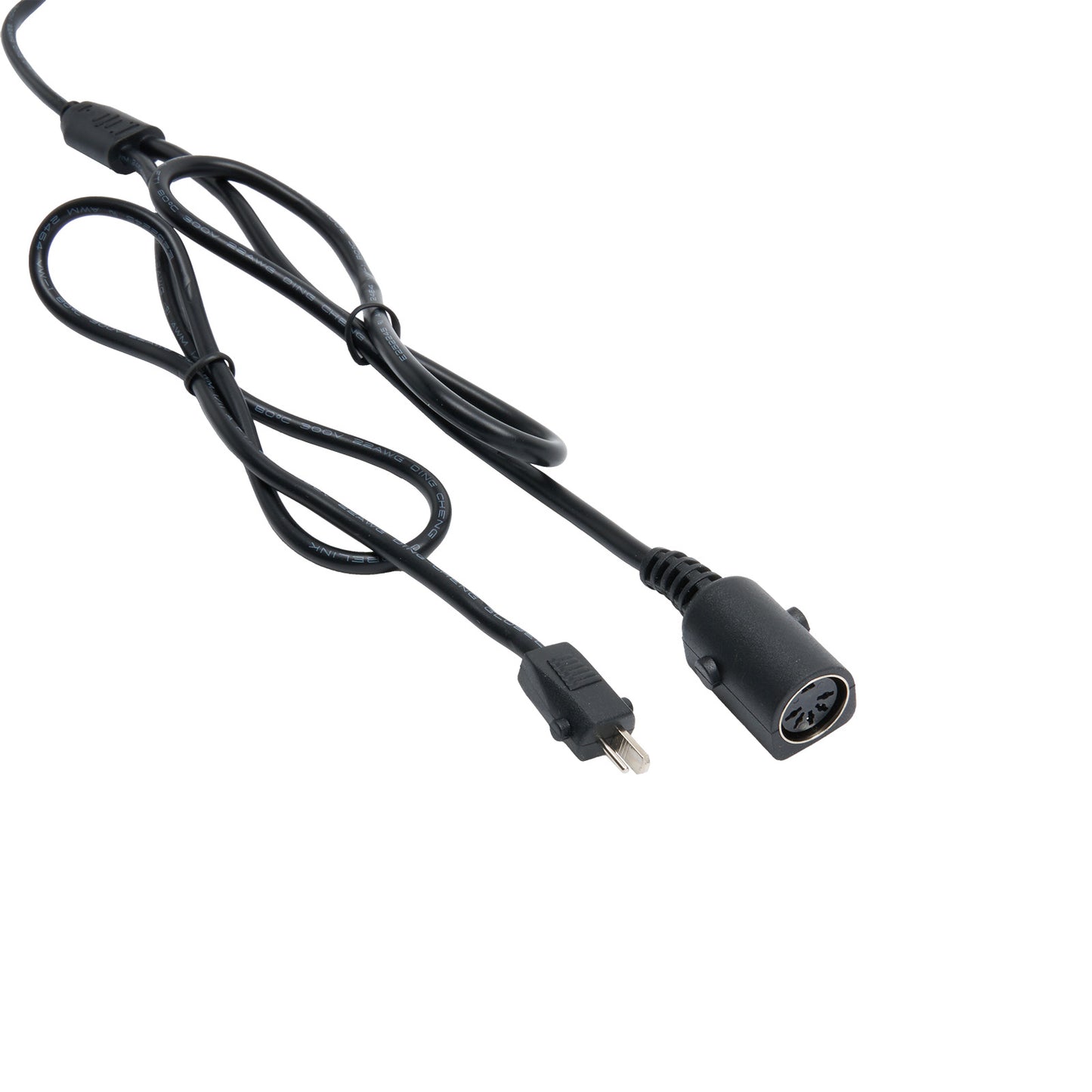 Black power cable with plug and socket on a white background