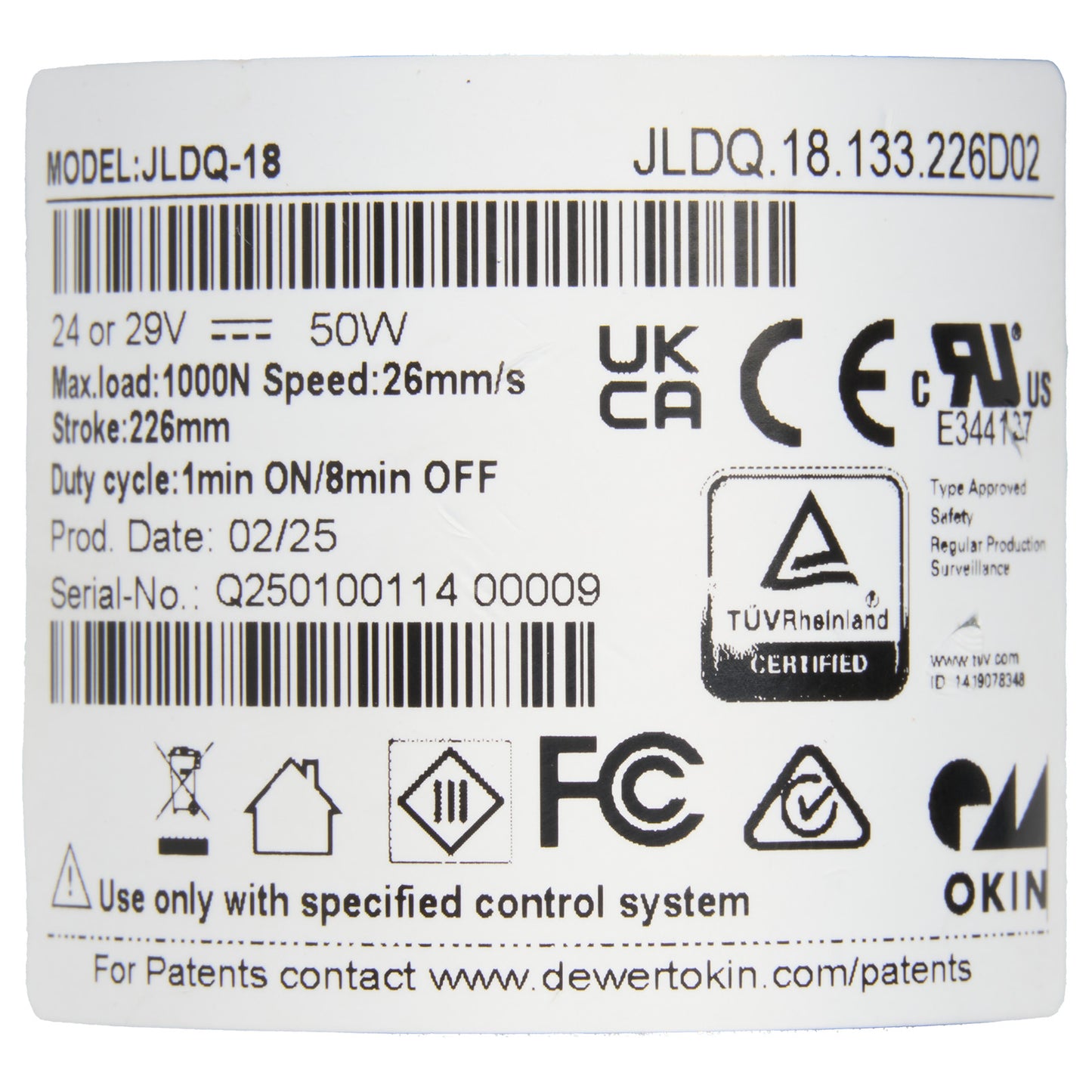 Technical label with specifications and certification logos on a white background