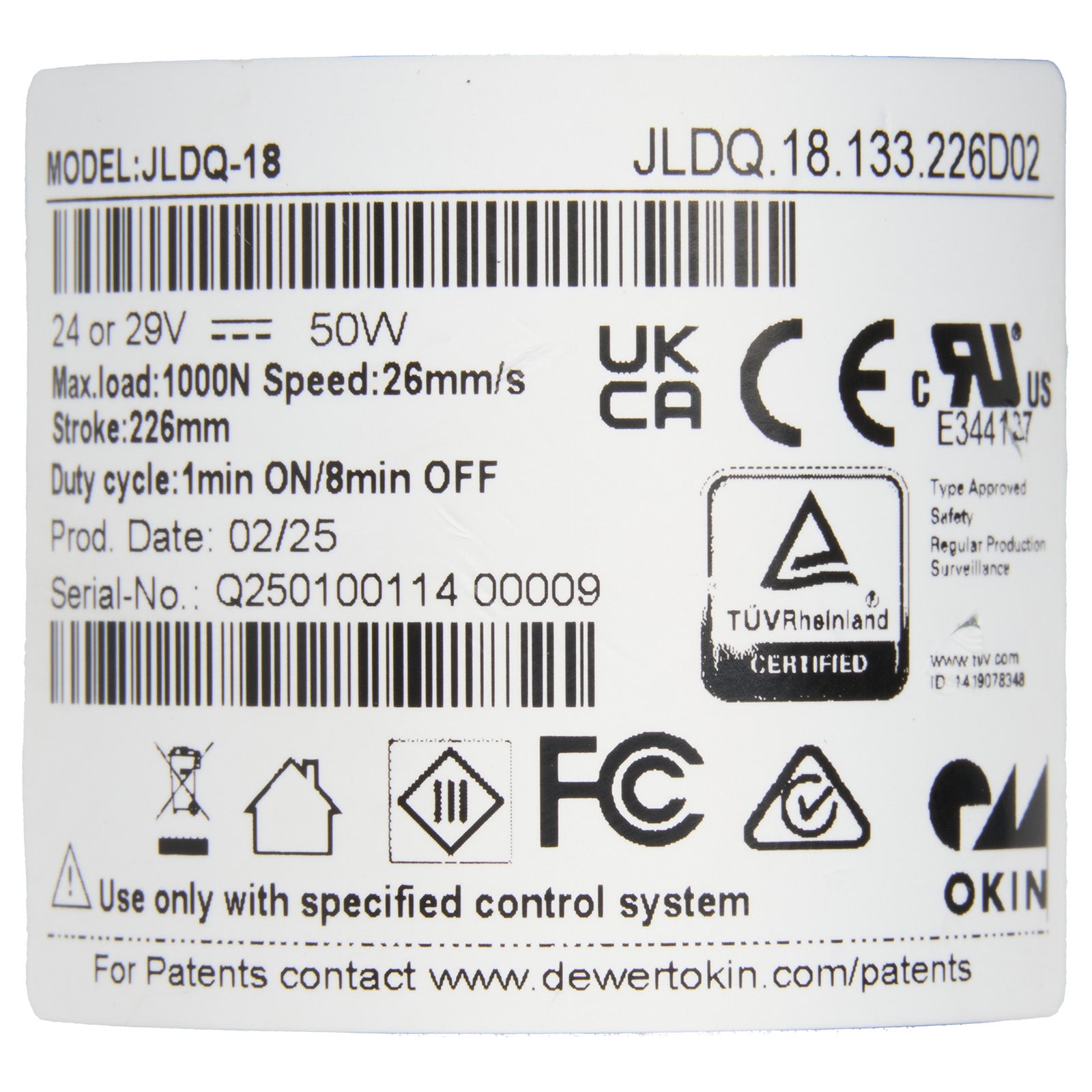 Technical label with specifications and certification logos on a white background