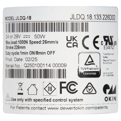 Technical label with specifications and certification logos on a white background