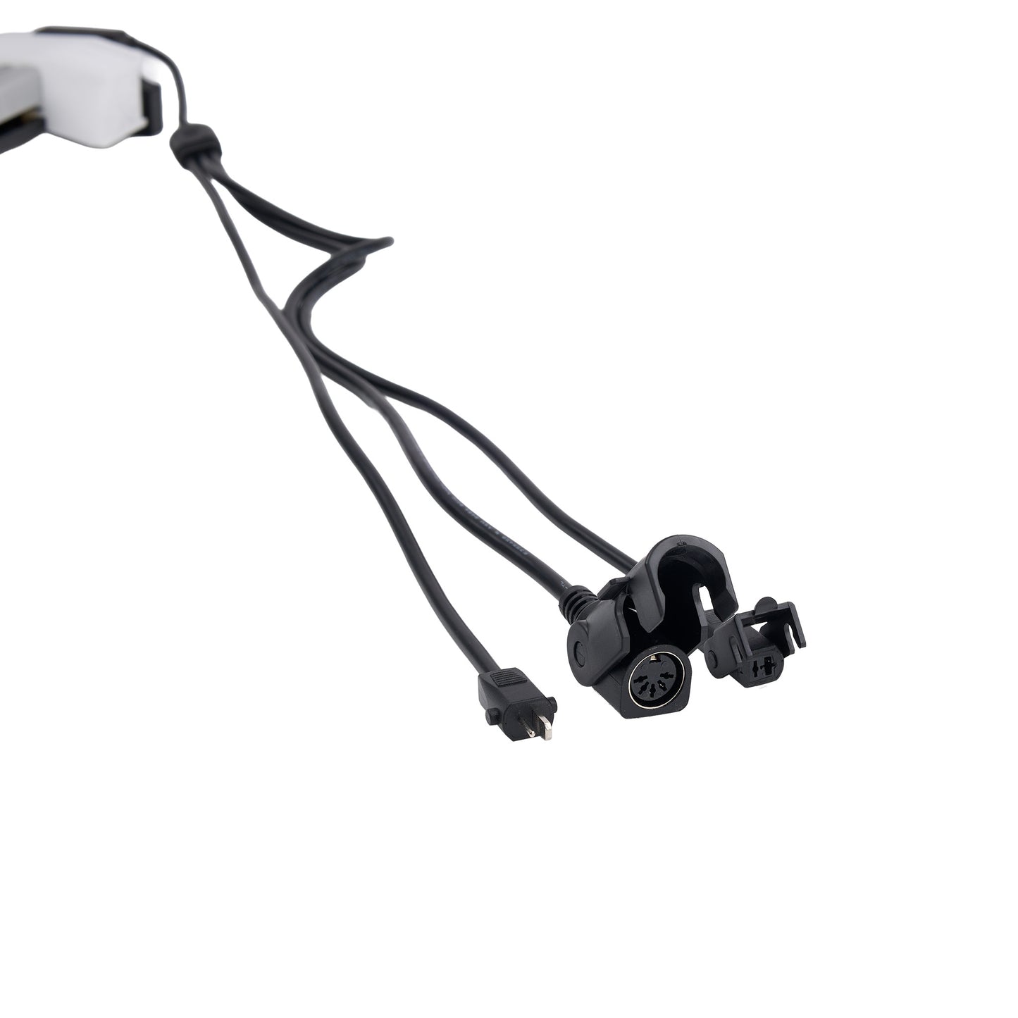 Black camera mount with multiple cables on a white background
