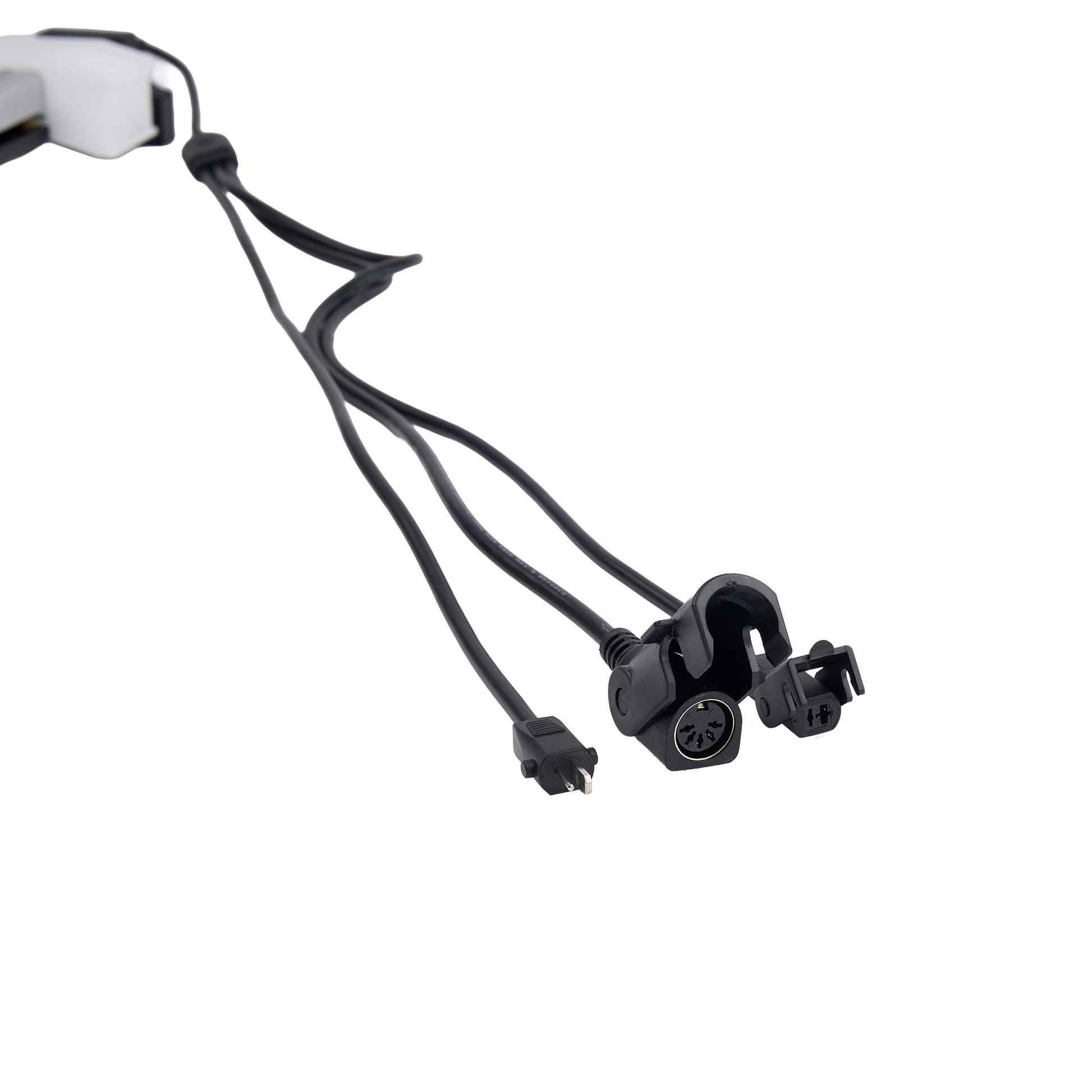 Black camera mount with multiple cables on a white background
