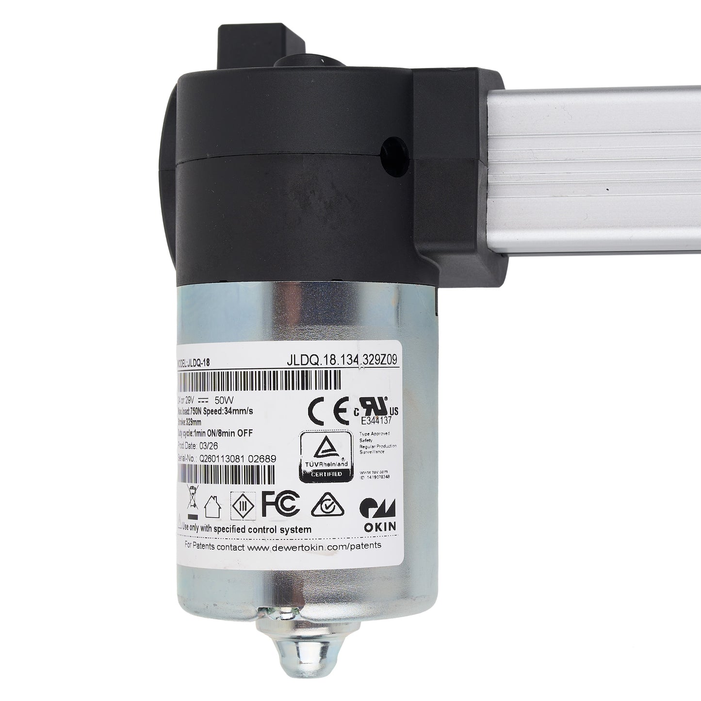 Mechanical component with visible branding and certification labels on a white background