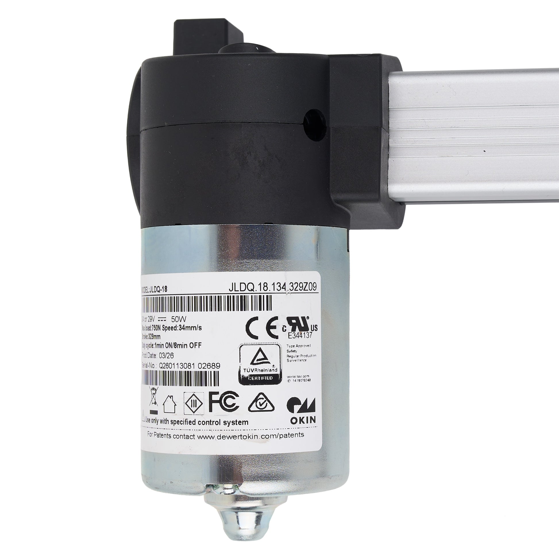 Mechanical component with visible branding and certification labels on a white background