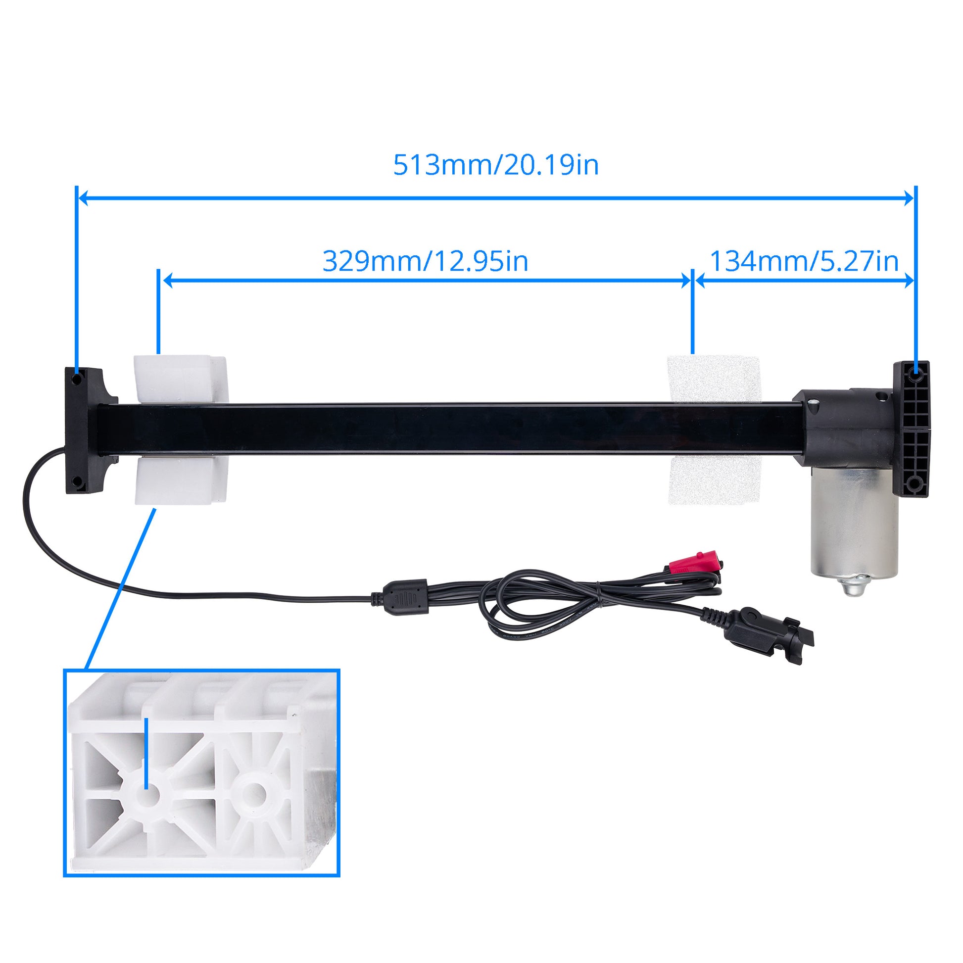 Black linear rail assembly with a silver motor, black power cable, and white mounting brackets, shown with blue dimension lines indicating 513mm, 329mm, and 134mm measurements on a white background.