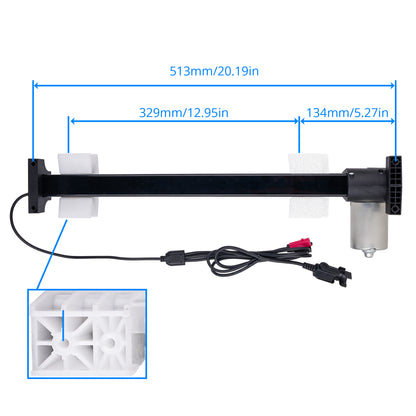 Black linear rail assembly with a silver motor, black power cable, and white mounting brackets, shown with blue dimension lines indicating 513mm, 329mm, and 134mm measurements on a white background.