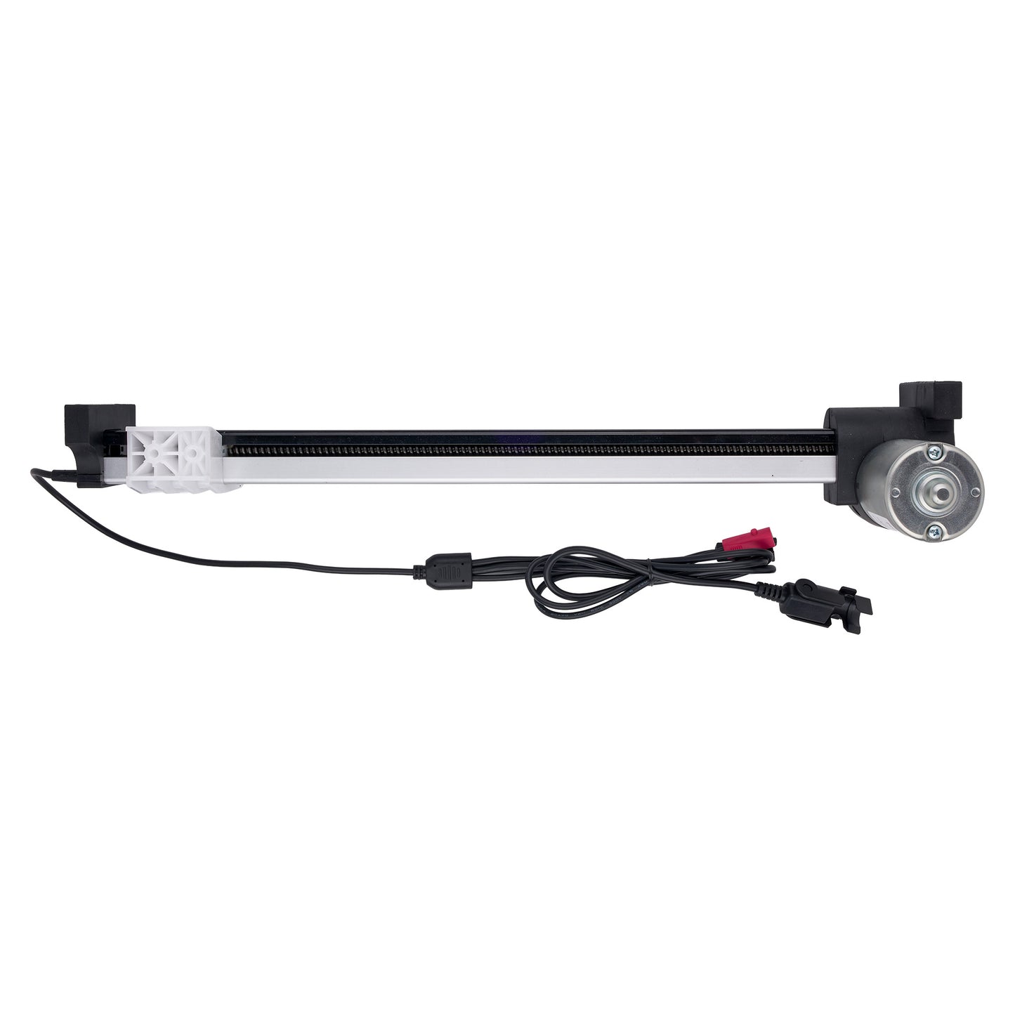 A linear slide rail assembly with a black metal guide bar, black end brackets, a white plastic end piece, and a silver motor mount, shown with attached black power cables on a plain white background.