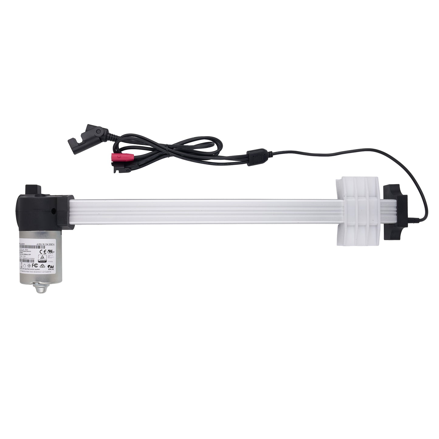 An electric linear motor slide rail with a black and silver motor unit, a long white ribbed guide rod, a white plastic end cap, and a black power cable with an inline connector, shown against a plain white background.