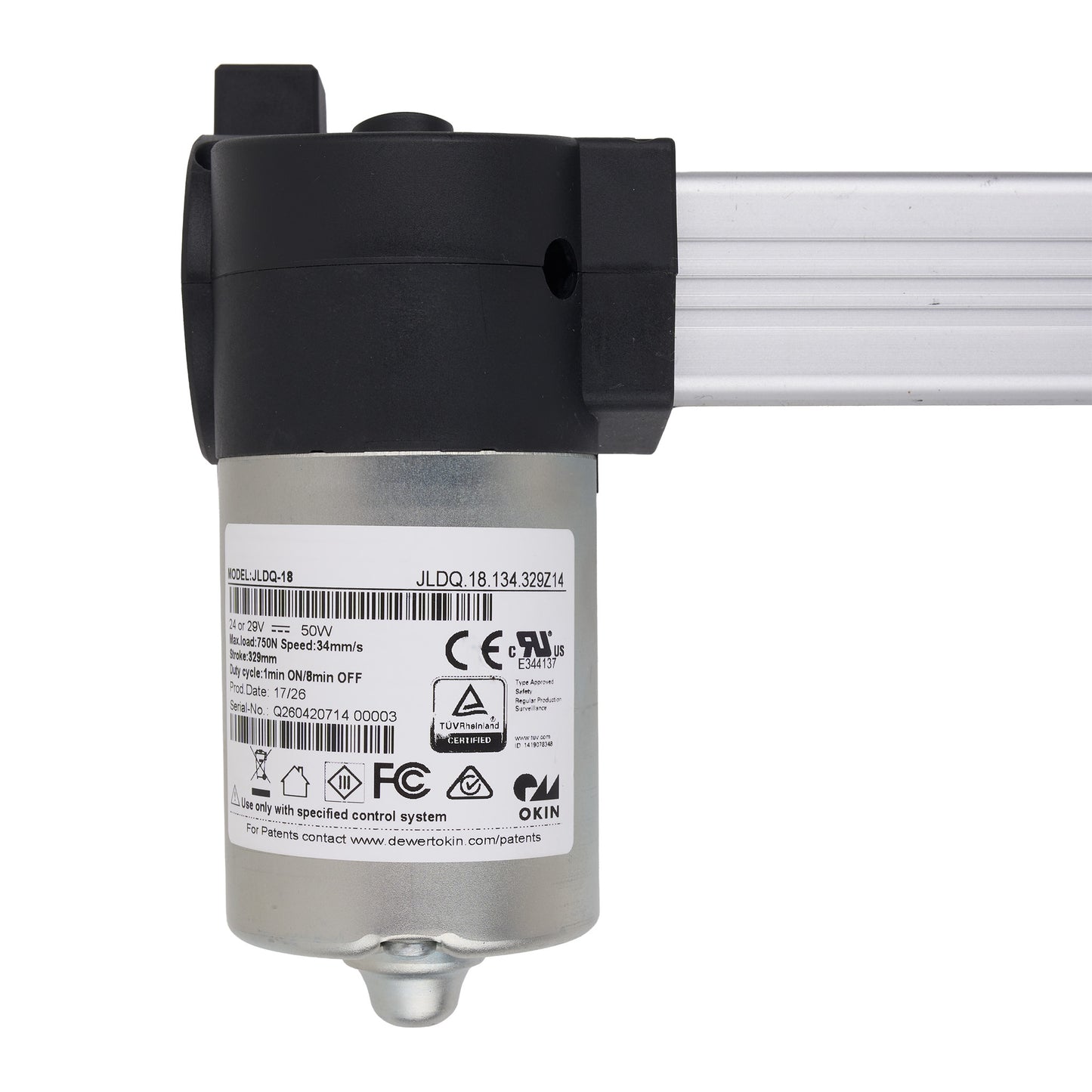 A silver and black industrial linear motor drive unit with a white product label showing CE, FCC, and OXIN compliance marks, isolated on a white background.