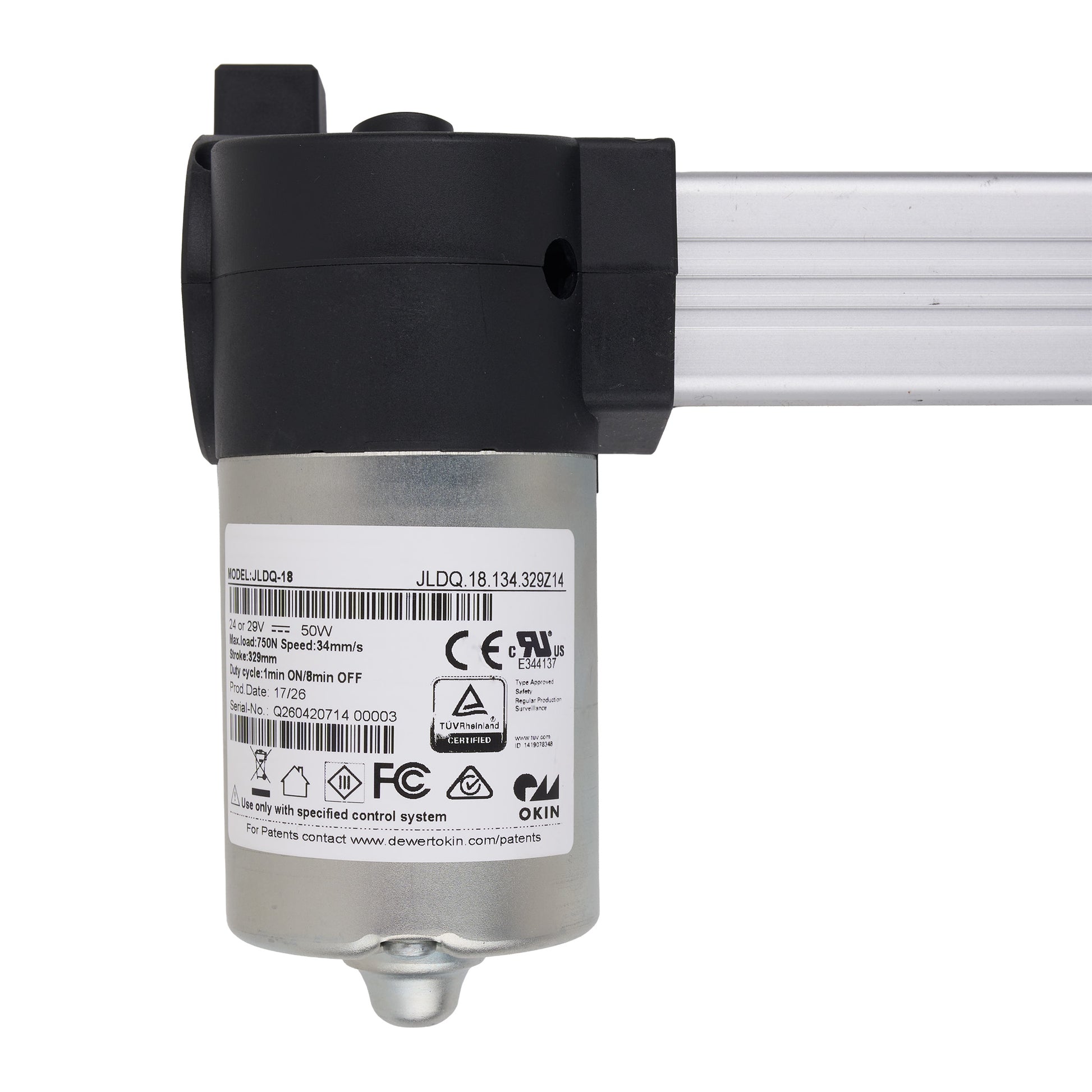 A silver and black industrial linear motor drive unit with a white product label showing CE, FCC, and OXIN compliance marks, isolated on a white background.