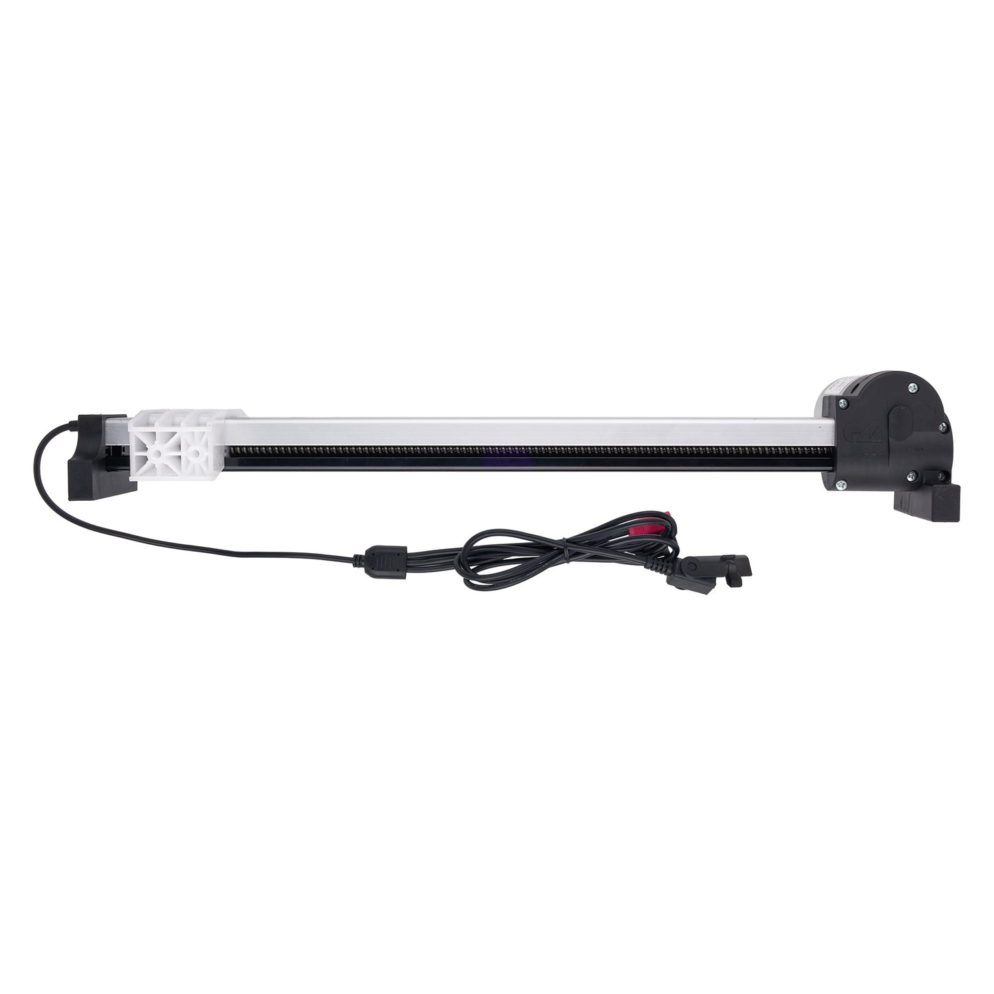 A linear electric slide rail with a black metal rod, black end brackets, a white plastic guide sleeve, and an attached black power cable with connectors, shown against a plain white background.