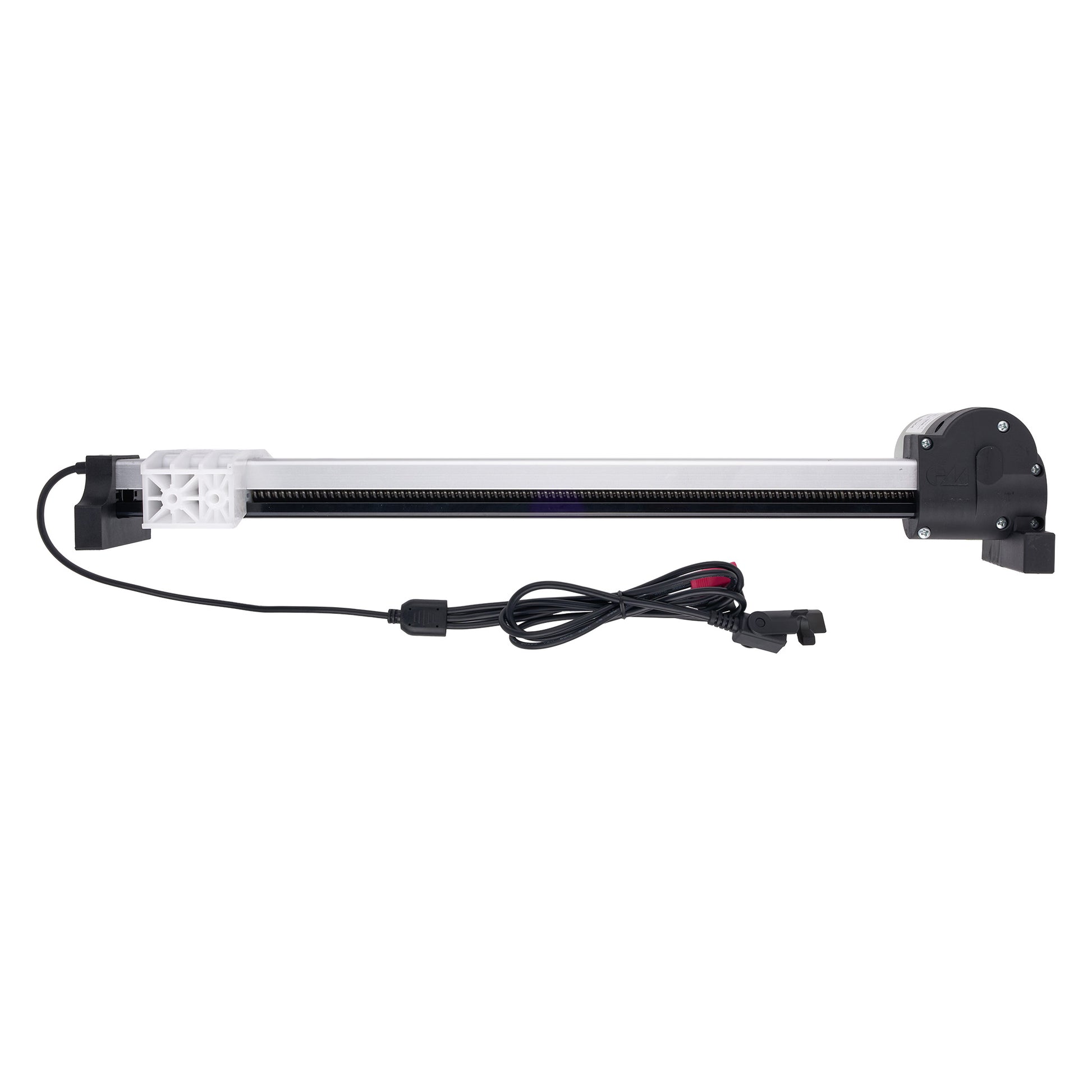 A linear electric slide rail with a black metal rod, black end brackets, a white plastic guide sleeve, and an attached black power cable with connectors, shown against a plain white background.