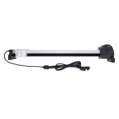 A linear electric slide rail with a black metal rod, black end brackets, a white plastic guide sleeve, and an attached black power cable with connectors, shown against a plain white background.