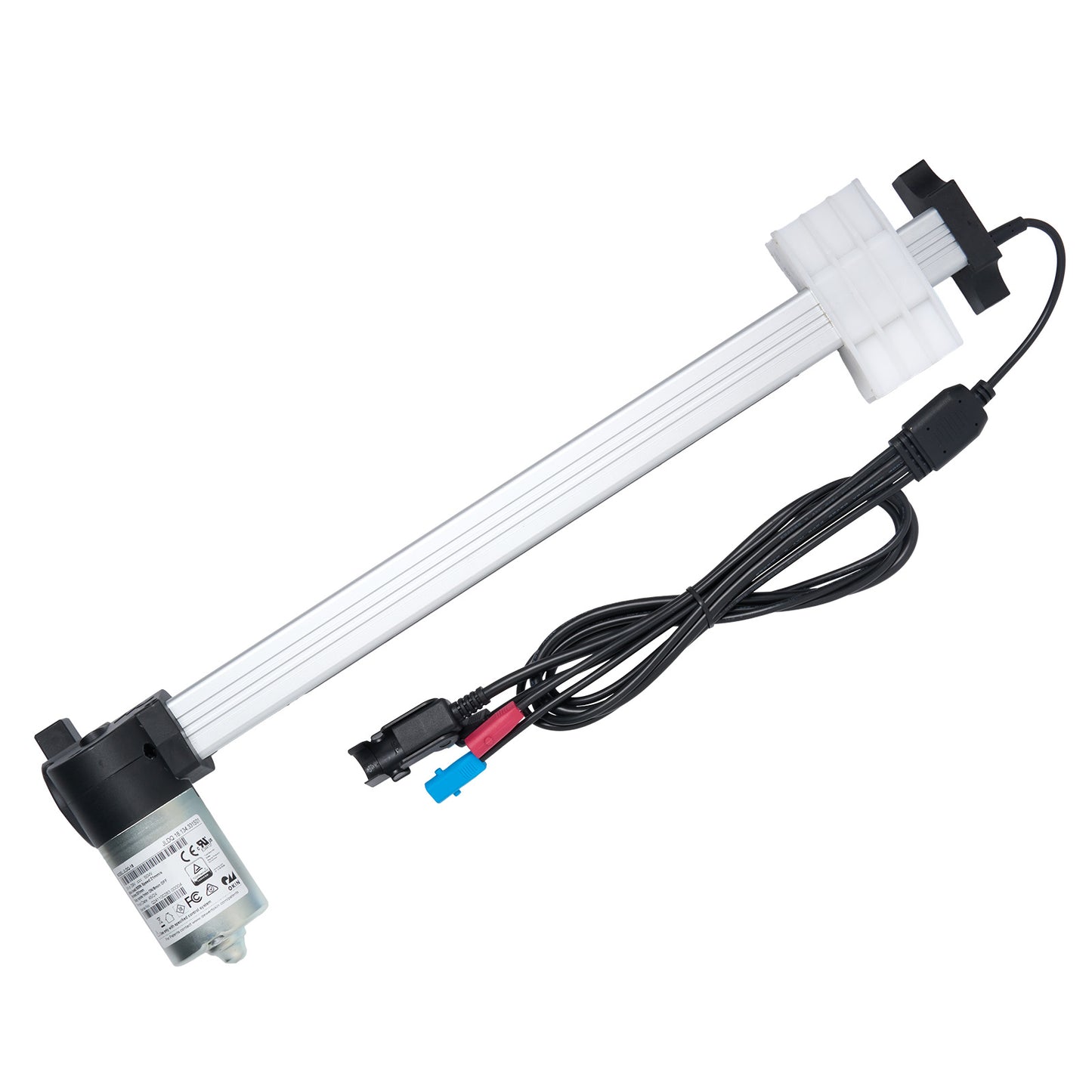 OKIN linear actuator with multiple connectors and wiring, primarily in black and silver colors.
