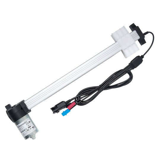 OKIN linear actuator with multiple connectors and wiring, primarily in black and silver colors.